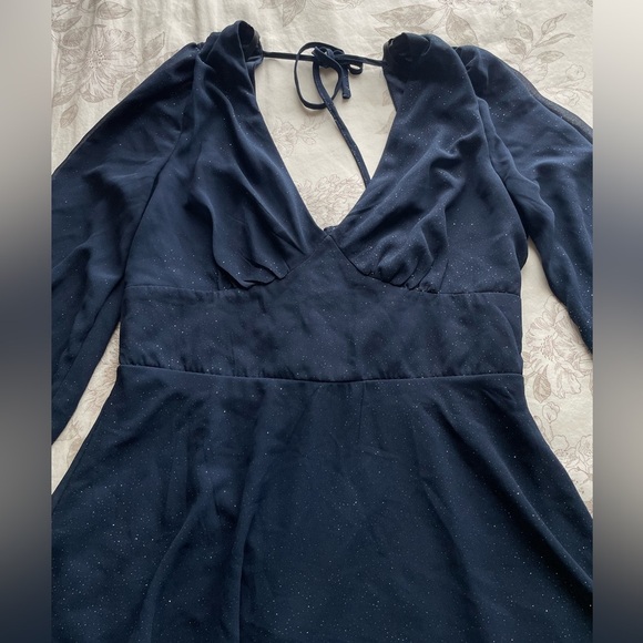 Y2K Navy Glitter Pintuck Babydoll Sheer Puff Sleeve Mini Dress 6 Hoco Prom Dance - Picture 9 of 9